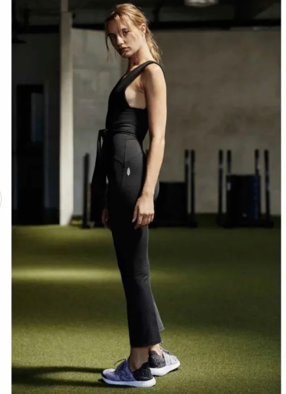 FP Movement Free People Women Jumpsuit L Black Plunge V Neck Waist Tie Bootcut